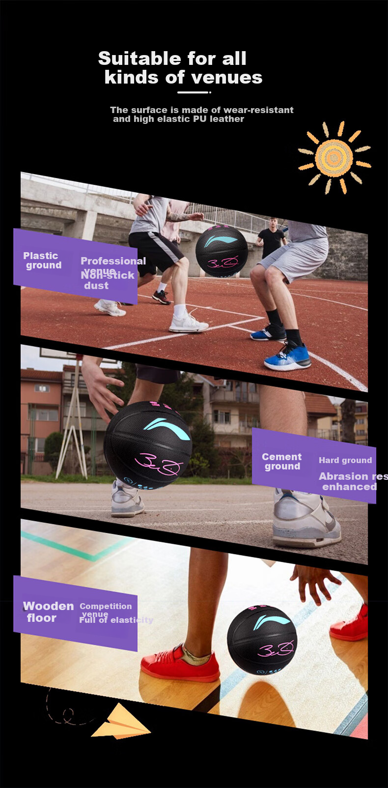 Баскетбольный мяч Li-Ning, размер 7, модель Wade Signature, технология Lava, влагопоглощающий, высокоэластичный полиуретан, профессиональный игровой мяч LBQK389-8