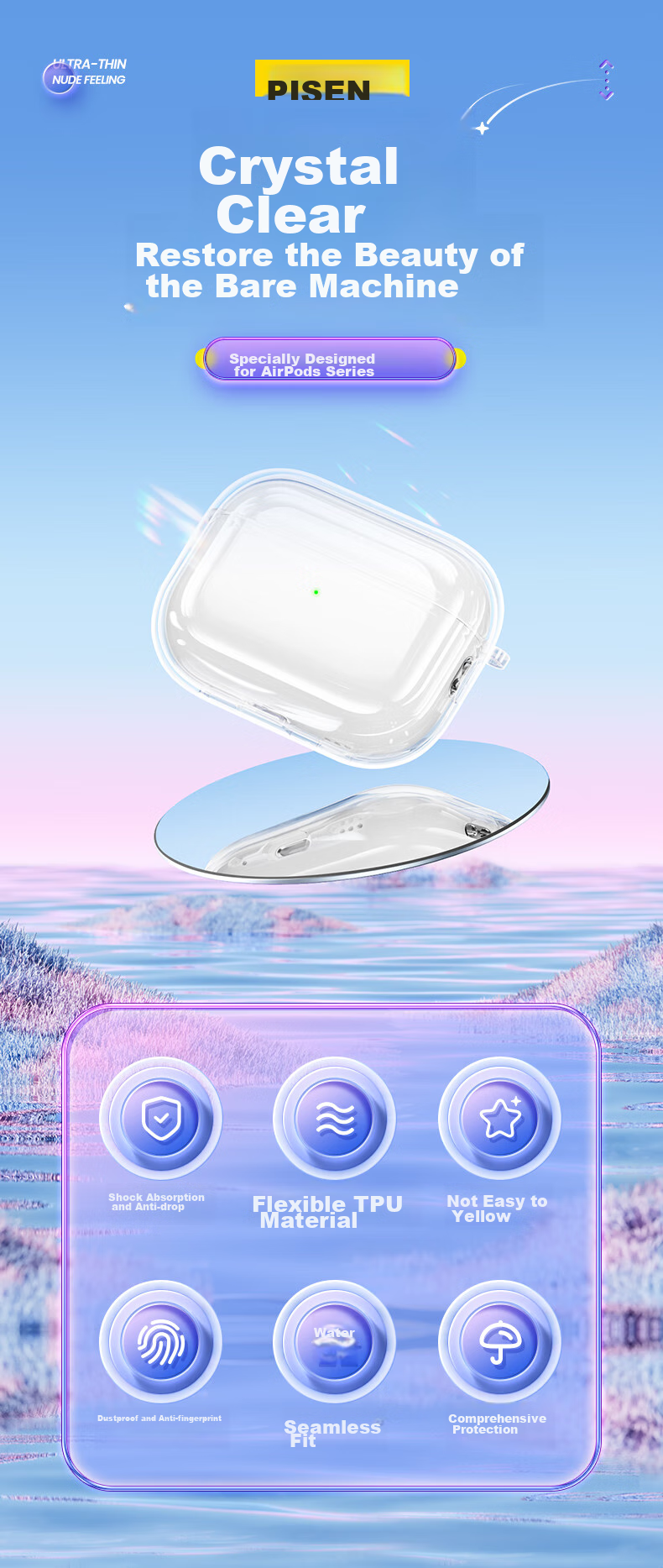 Чехол PISEN для AirPods Pro, прозрачный, TPU, с защитой от падений и царапин, с ремешком