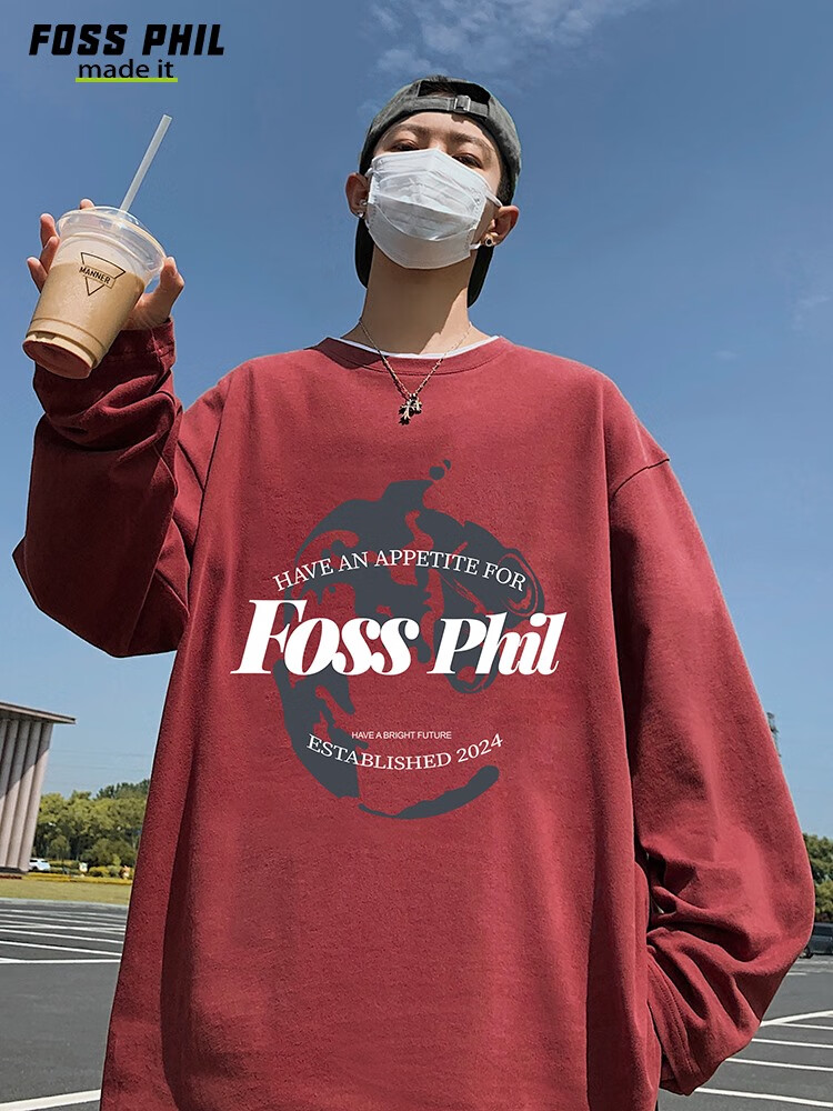 Футболка с длинным рукавом Foss Phil из чистого хлопка для мужчин, трендовая повседневная футболка оверсайз на осень, унисекс, с круглым вырезом, FPCT3, черная, XL