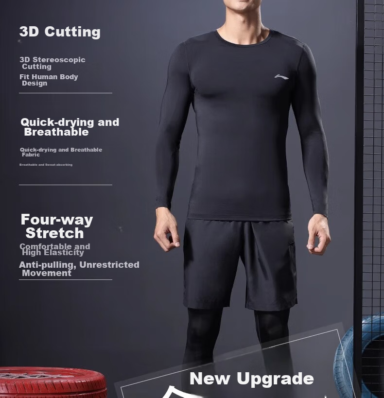 Спортивная компрессионная футболка с длинным рукавом Li-Ning для мужчин, быстросохнущая, для фитнеса, йоги, бега, осени 2023, черная, размер 2XL