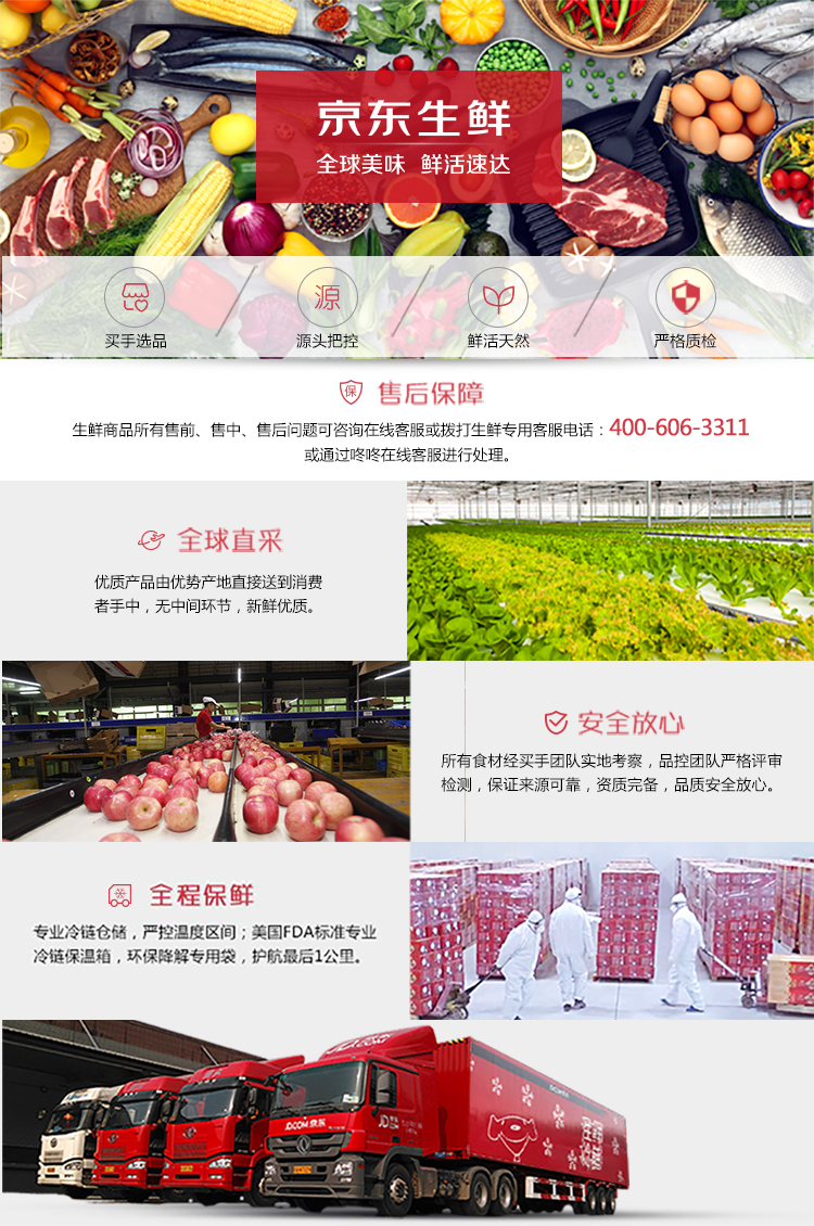 宗东生鲜全球美味鲜活速达源头把控鲜活天然格质检阅售后保障生鲜商品所有售前、售中、售后问题可咨询在线客服或拨打生鲜专用客服电话:400-606-331或通过咚咚在线客服进行处理全球直采优质产势产地直接送到消费者手中,无中间环节,新鲜优质安全放心所有食材经买手团队实地考察,品控团队严格评审检测,保证来源可靠,资质完备,品质安全放心全程保鲜专业冷链仓储,严控温度区间;美国FDA标准专业令链保温箱,环保降解专用袋,护航最后1公里小[工-推好价 | 品质生活 精选好价