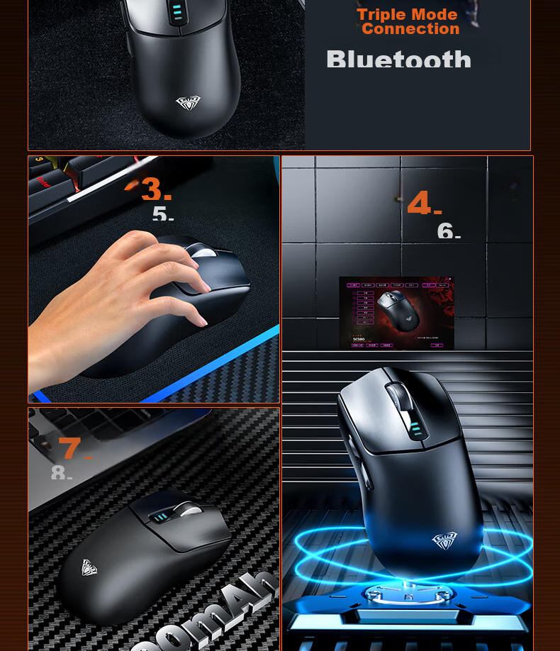 Беспроводная Bluetooth мышь AULA SC580, легкая, с противоскользящими наклейками, зарядка Type-C, регулируемый DPI до 10000, для компьютера, офиса и игр, белая