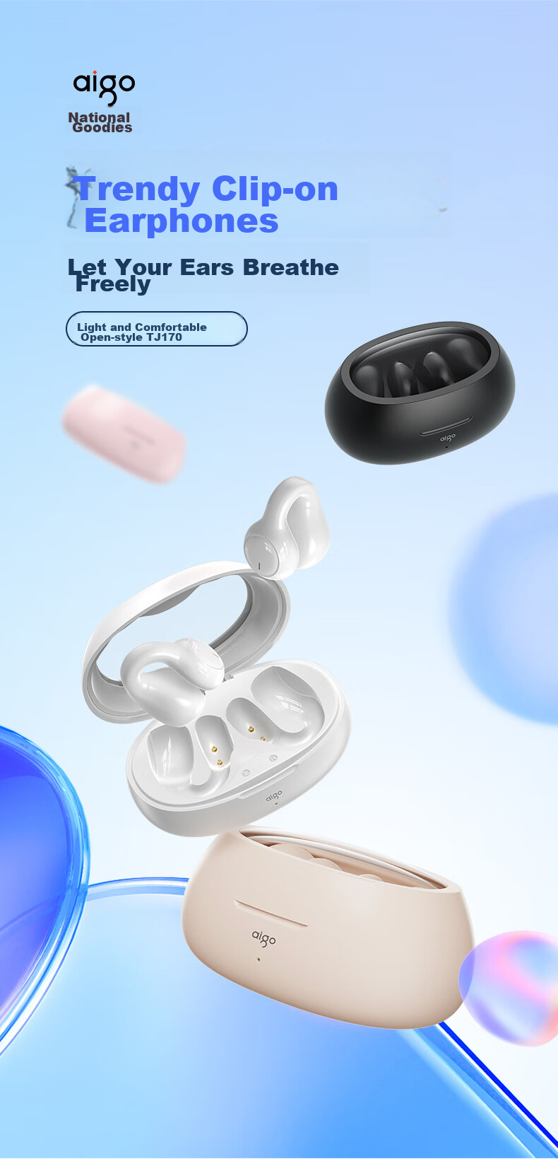Беспроводные наушники Aigo TJ170, TWS, Bluetooth 5.3, с зажимом на ухо, открытого типа, для спорта, бега, звонков, совместимы с телефонами и компьютерами, бежевые