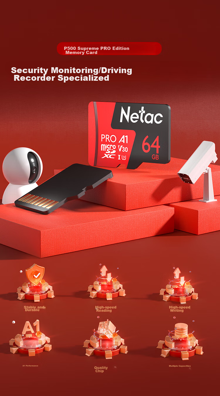 Карта памяти Netac 64GB TF (MicroSD) P500 Series, A1 U3 V30, для видеорегистратора и камеры наблюдения, скорость чтения 100 МБ/с