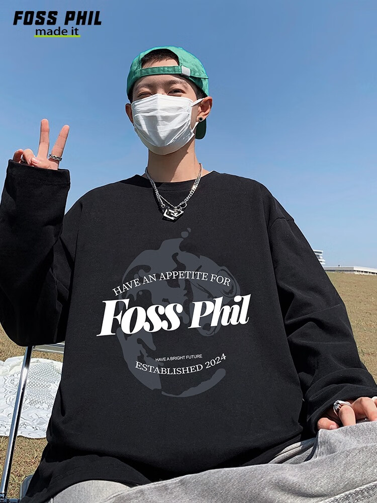 Футболка с длинным рукавом Foss Phil из чистого хлопка для мужчин, трендовая повседневная футболка оверсайз на осень, унисекс, с круглым вырезом, FPCT3, черная, XL