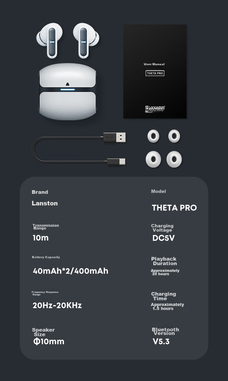 Беспроводные наушники Lanshidun THETA PRO True Wireless Bluetooth, 45 мс низкая задержка, шумоподавление ENC, длительное время работы, серый