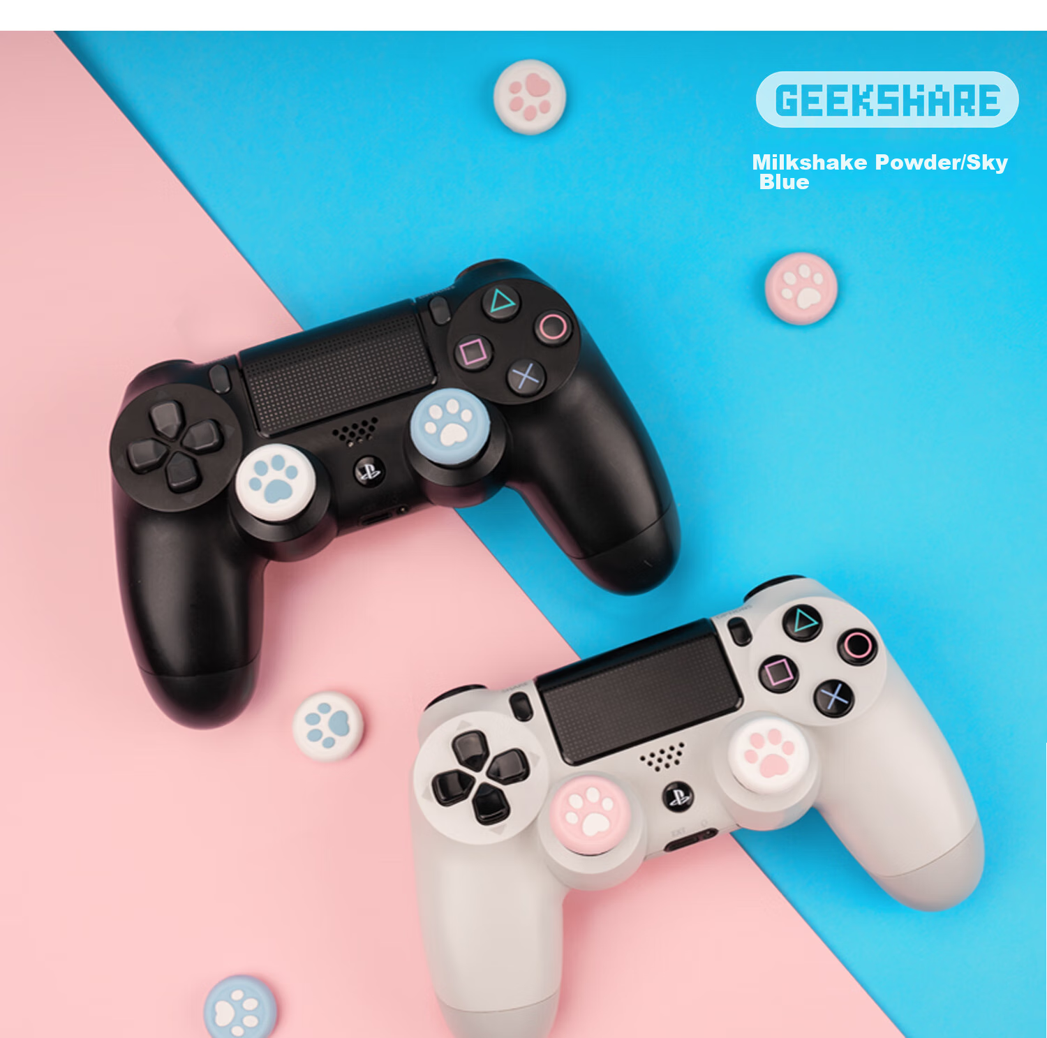 Чехол для джойстика Jixiang PS4/PS5/NS Pro, силиконовые накладки с дизайном "Кошачья лапка", розово-голубой