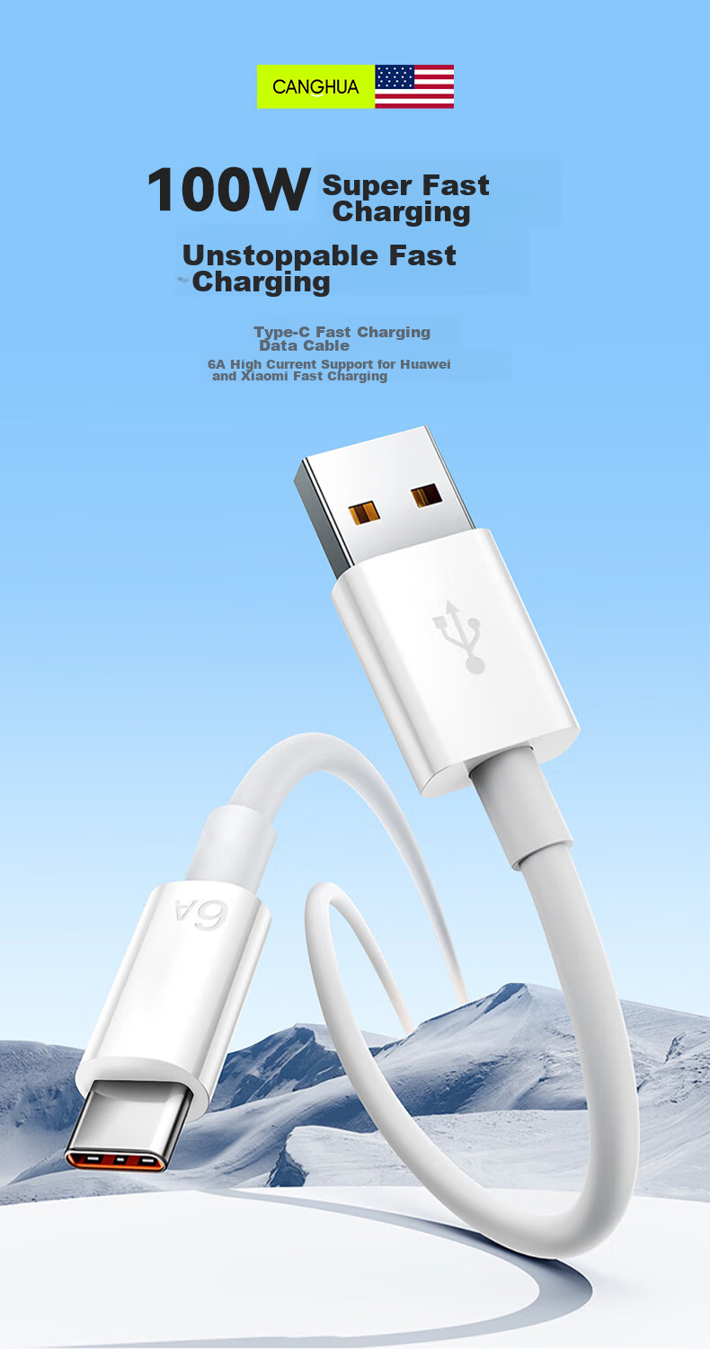Кабель для зарядки CangHua Type-C, 6A, быстрая зарядка 100W/66W, для Huawei Mate70Pro/Pura80/P40/30/50, Honor Tablet и смартфонов, автомобильное зарядное устройство 5A, белый, 1м