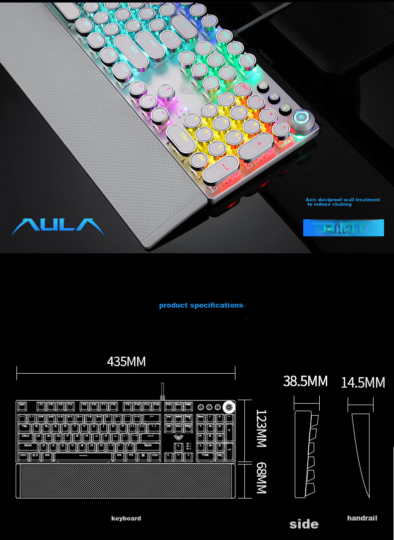 Механическая клавиатура AULA F2088 Wired Gaming Keyboard, 104 клавиши, серебристо-белый цвет, синий переключатель, Elite Edition