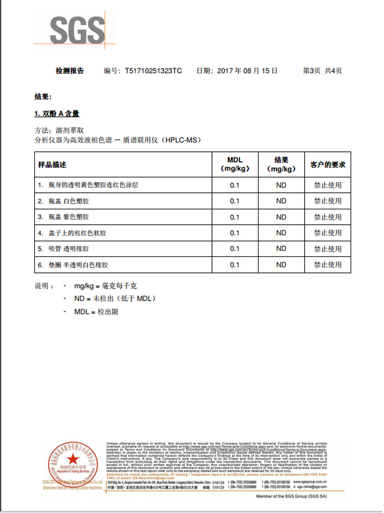 SGS检测报告編号:T51710251323Tc日期:2017年08月15第3页共4页结果1.双酚A含量方法:溶剂萃取分析仪器为高效液相色谱一质谱联用仪( HPLC-MS)MDL样品描述结果(mgkg)(mgkg)|客户的要求1.瓶身的透明黄色塑胶连红色涂层0.1ND禁止使用2.瓶盖白色塑胶0.1ND禁止使用3.瓶盖紫色塑胶0.1ND禁止使用4.盖子上的枚红色软胶ND禁止使用5.吸管透明橡胶0.1ND禁止使用6.垫圈半透明白色橡胶0.1ND禁止使用说明:mg/kg=毫克每千克ND=未检出(低于MDLMDL=检出限*量Member of the SGS GrOUp (SGS SA)-推好价 | 品质生活 精选好价