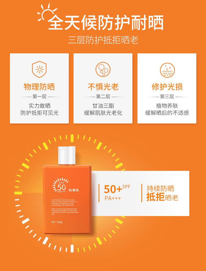 BAINHR澳洲大橙瓶懒人防晒霜SPF50+隔离防晒黑全身可用防晒霜军训200g
