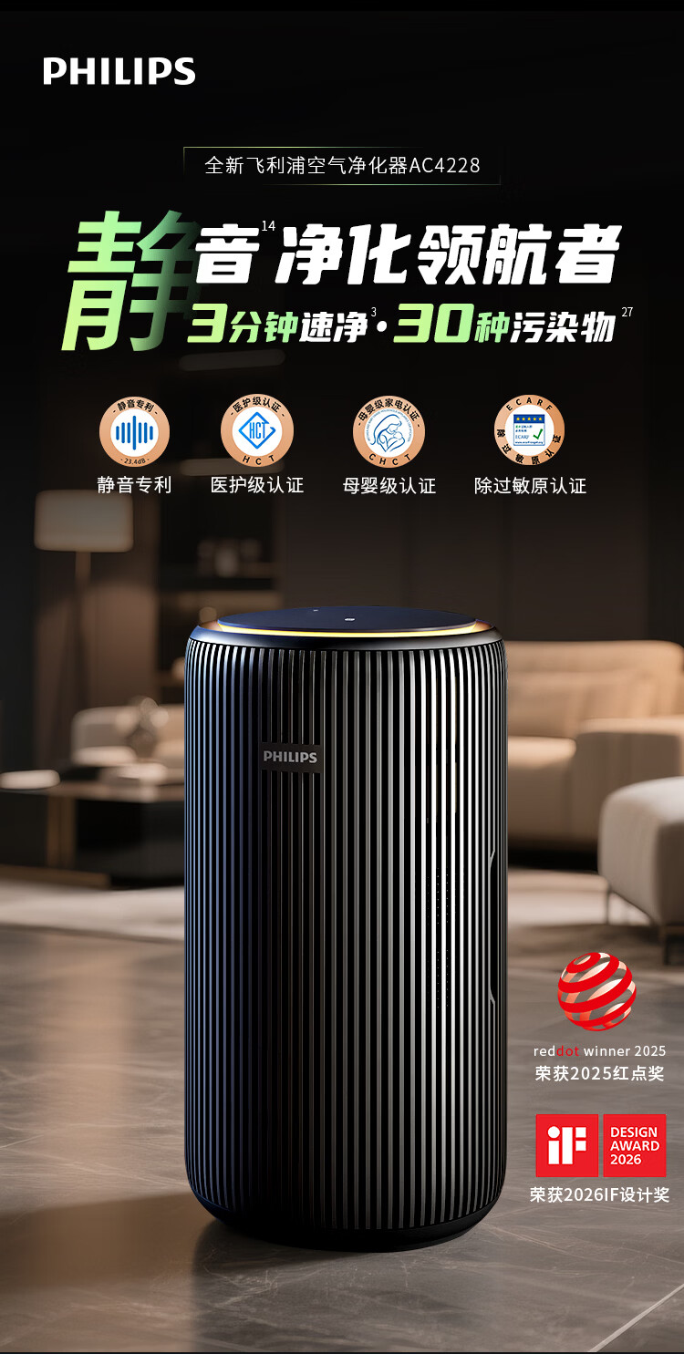 飞利浦(PHILIPS)【0.003微米精滤】空气净化器除甲醛二手烟味新房孕妇婴儿专用除螨尘病毒花粉过敏原AC4228黑 商品详情图 2
