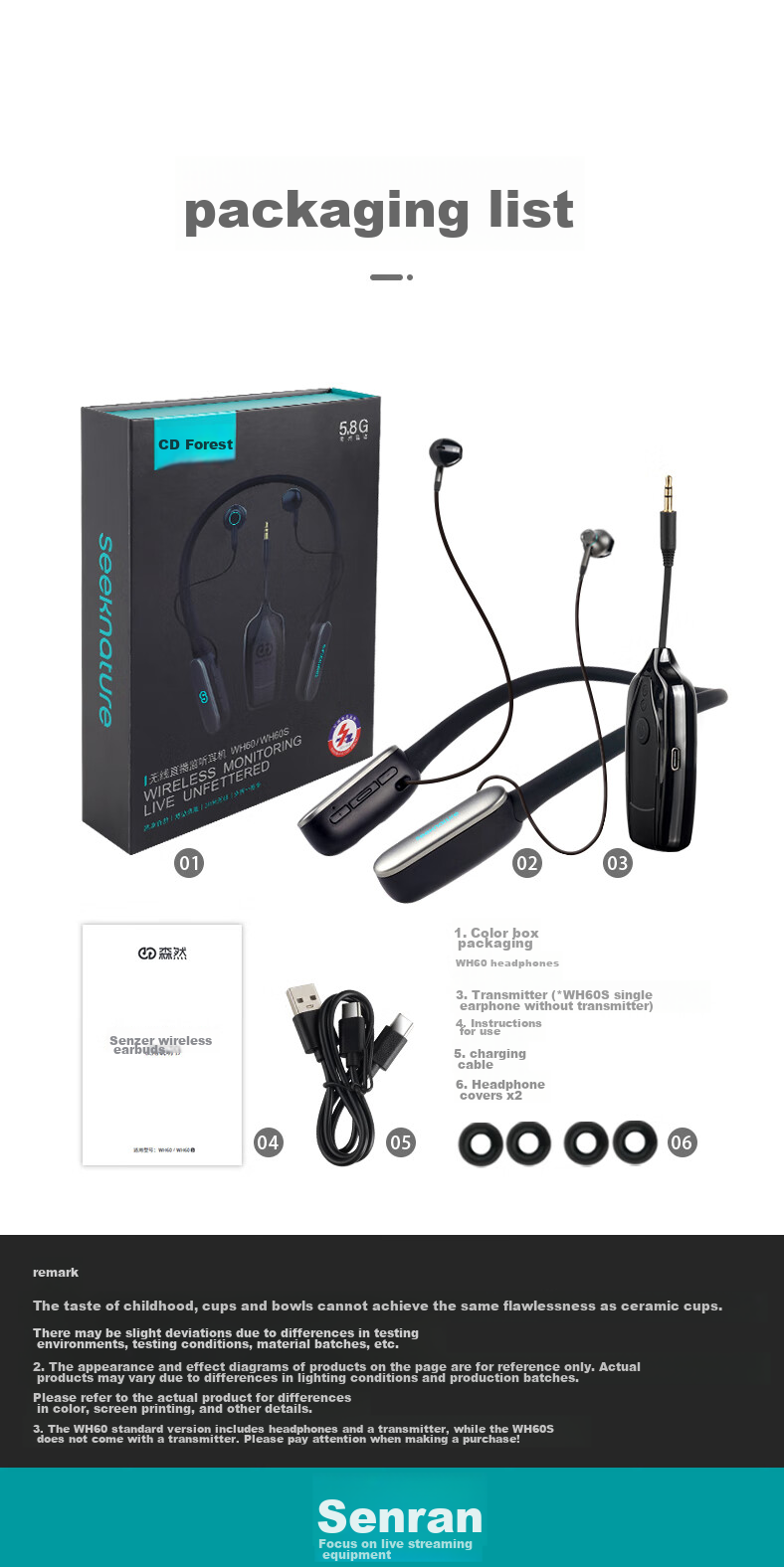 Seeknature WH60 Dual Wireless Monitoring Headset, наушники для прямой трансляции, Bluetooth-наушники для стримеров, наушники для выступлений на открытом воздухе, игровая стереогарнитура с шейным ободком