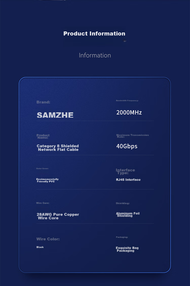 Сетевой кабель SAMZHE CAT8, 10 Gigabit Ethernet, плоский патч-корд, чистая медь, двойное экранирование, 8-жильный витой кабель, для компьютера и широкополосного подключения, черный, 2 метра, BX8020H