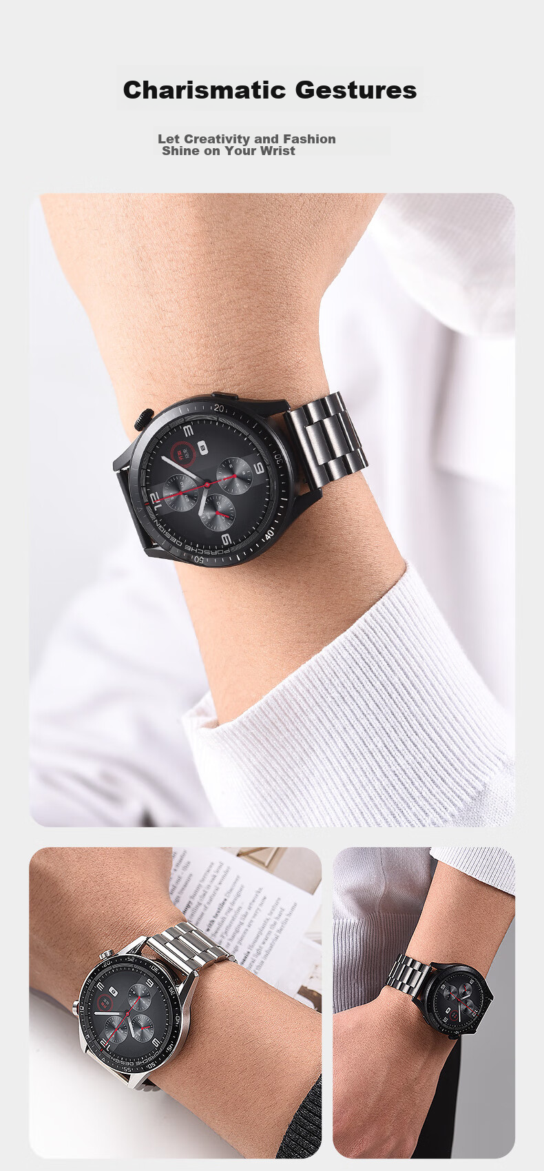 Ремешок из нержавеющей стали MSSM для Huawei Watch GT5/4/3/Watch3/Pro и Honor Magic2, трехзвенный, черный, 20 мм