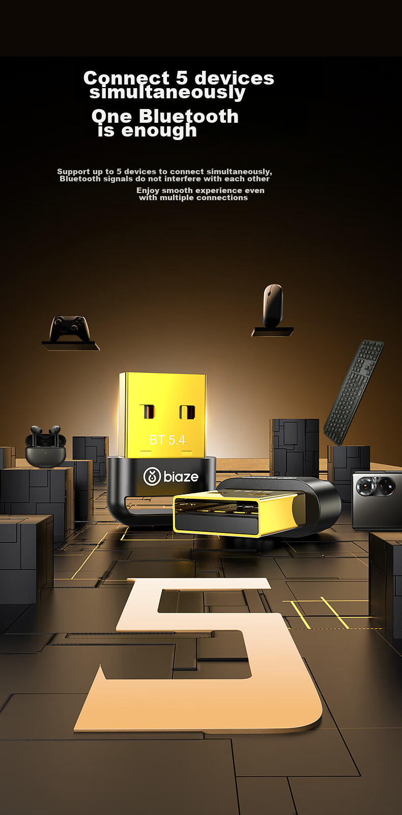 USB Bluetooth адаптер BIAZE 5.4, внешний модуль для ноутбуков и настольных компьютеров, для подключения клавиатуры, мыши, аудиоколонок, беспроводных наушников