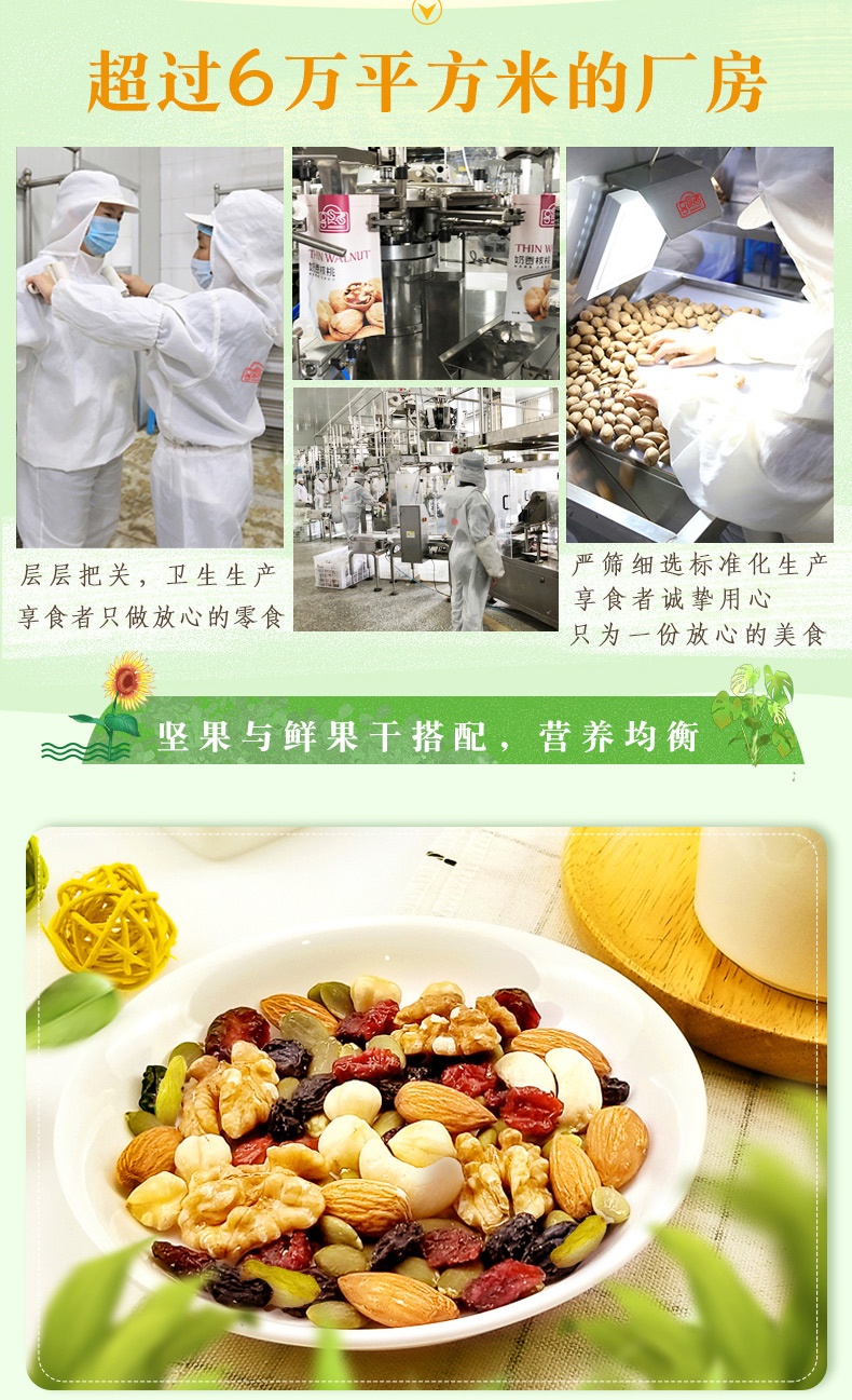 超过6万平方米的厂房层层把关,卫生生产严筛细选标准化生产享食者只做放心的零食享食者诚挚用只为一份放心的美食坚果与鲜果干搭配,营养均衡-推好价 | 品质生活 精选好价