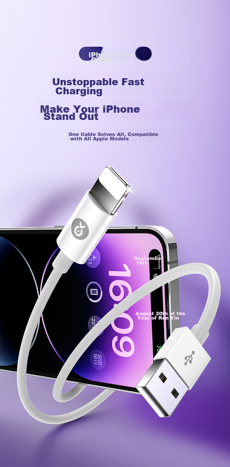 Кабель BIAZE для быстрой зарядки, совместимый с iPhone 14/13/12 Pro Max/XR/Xs/11/8, iPad, автомобильное зарядное устройство USB, 1.5 метра, белый