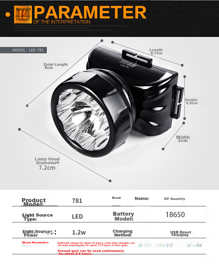 Налобный фонарь Duration power LED-781, 1.2 Вт, USB-зарядка, водонепроницаемый, для рыбалки, кемпинга, горнодобывающей промышленности