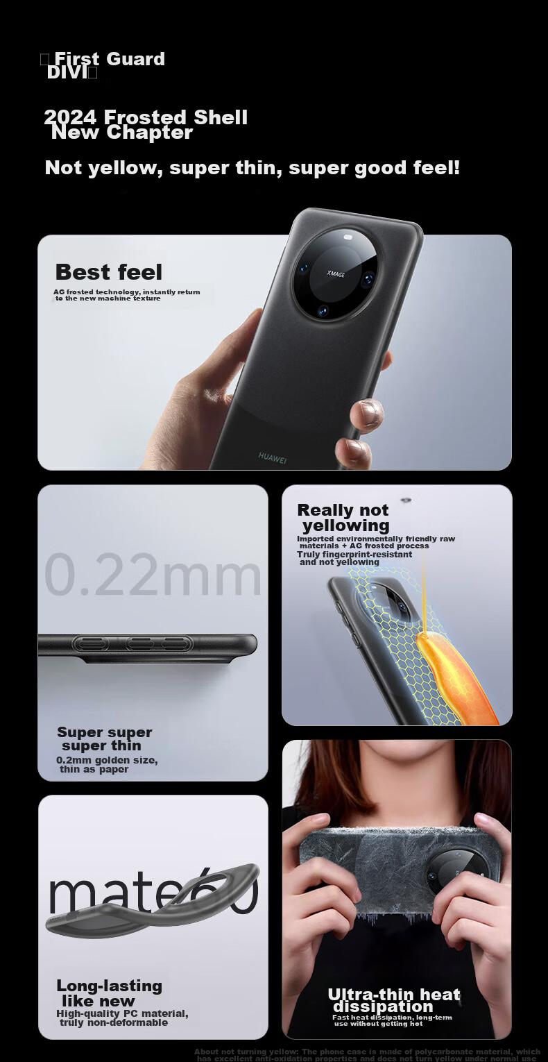 DIVI Чехол для Huawei Mate60 Pro, Ультратонкий, Матовый, Полупрозрачный, Защита от падений, Белый