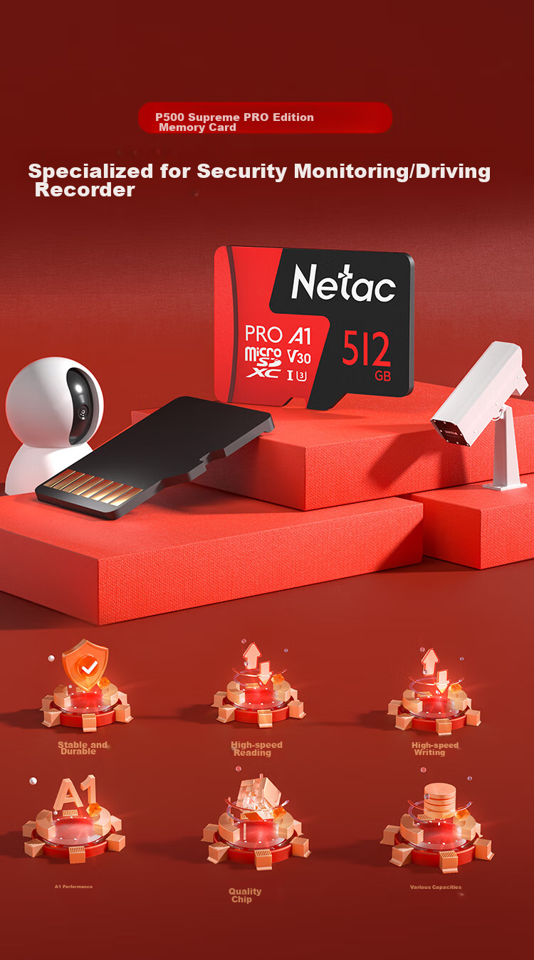 Карта памяти Netac 512GB TF (MicroSD) A1 U3 V30 4K, для видеорегистратора и камеры наблюдения, скорость чтения 100 МБ/с