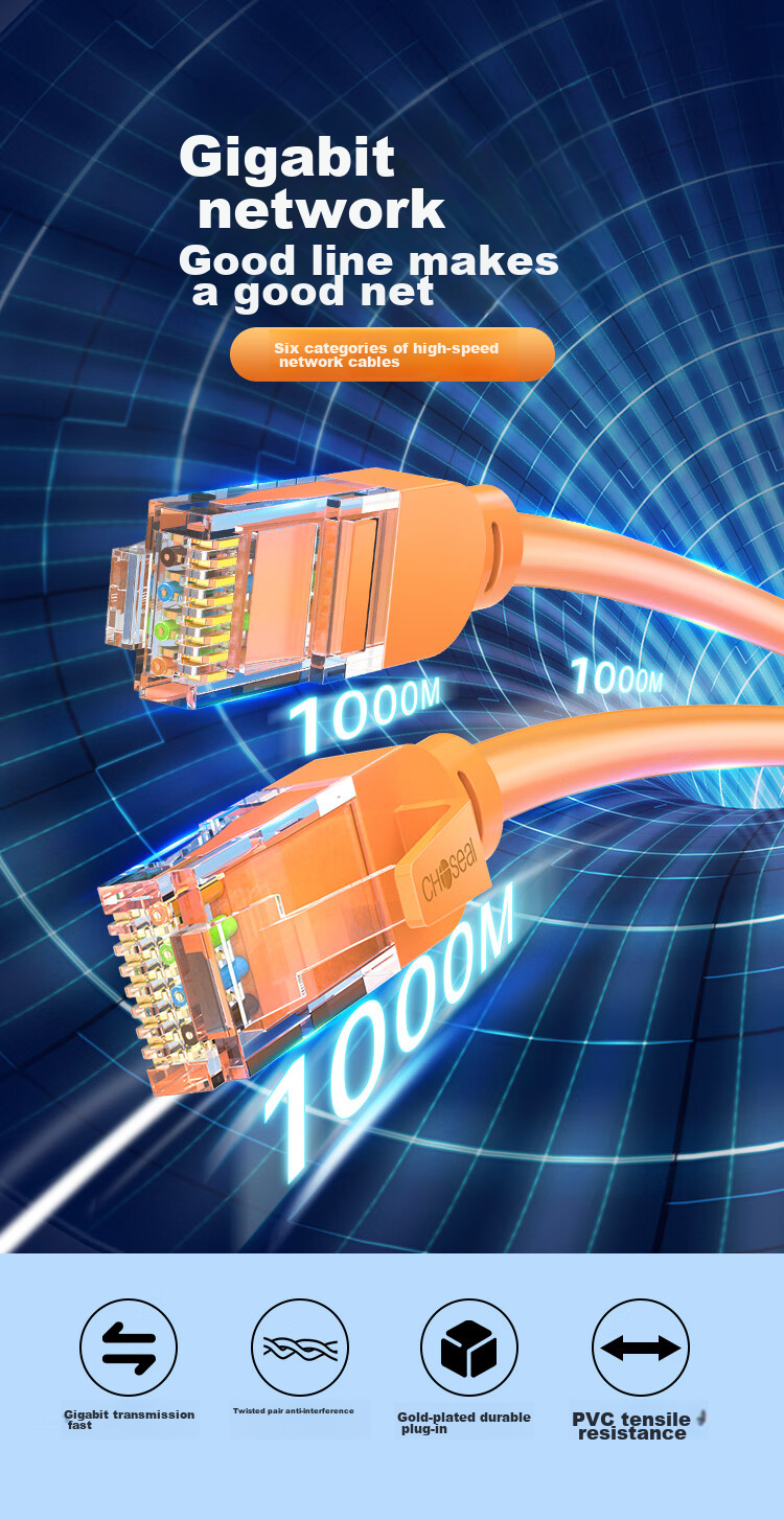Кабель CHOSEAL Cat6 Gigabit Ethernet, 8-жильный, витая пара для компьютеров и видеонаблюдения, готовый патч-корд для дома, 1 метр, оранжевый, QS5062C