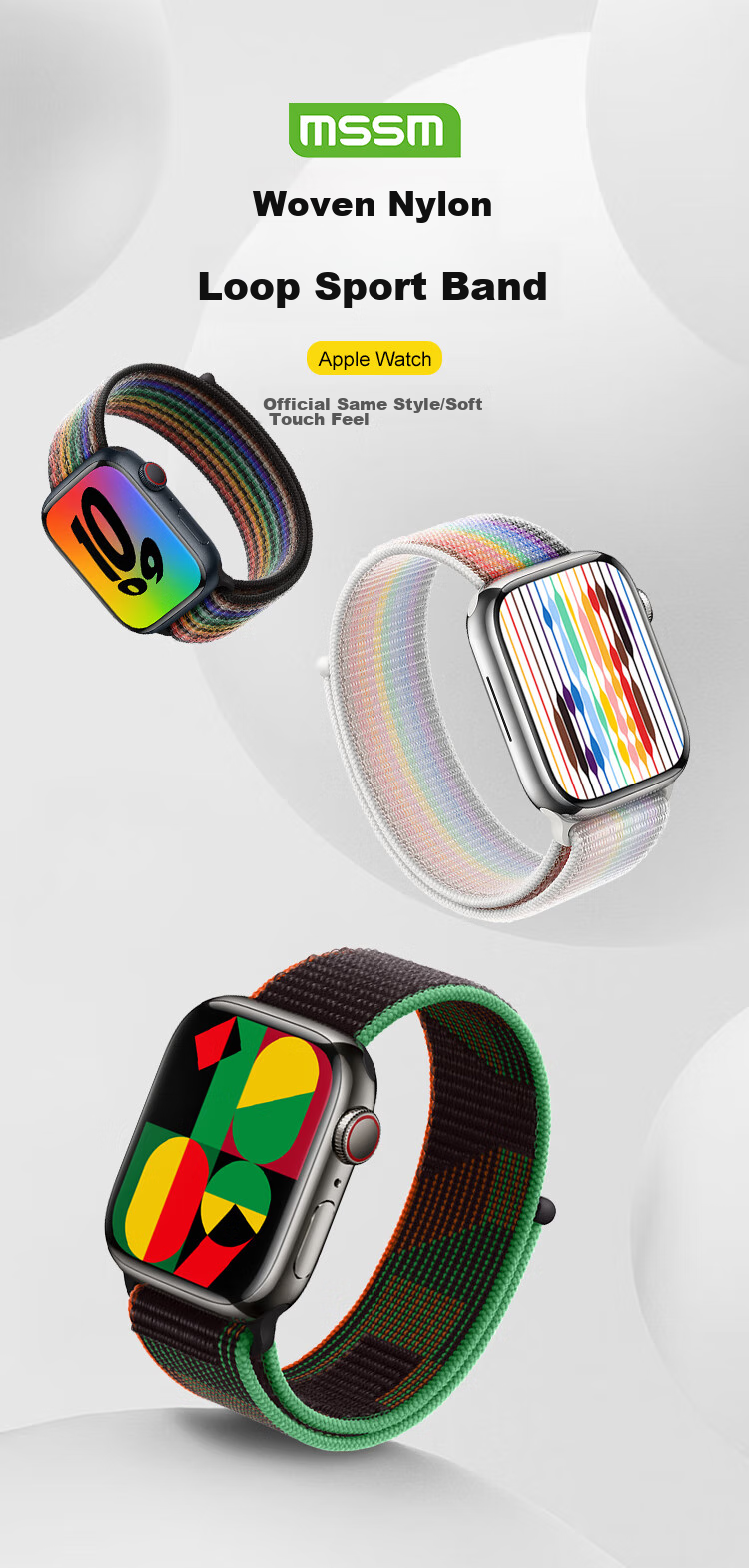 Ремешок MSSM для Apple Watch Series 11, Ultra 3/S10/9/SE3, Белый Радужный, 44/45/46/49MM, нейлоновый