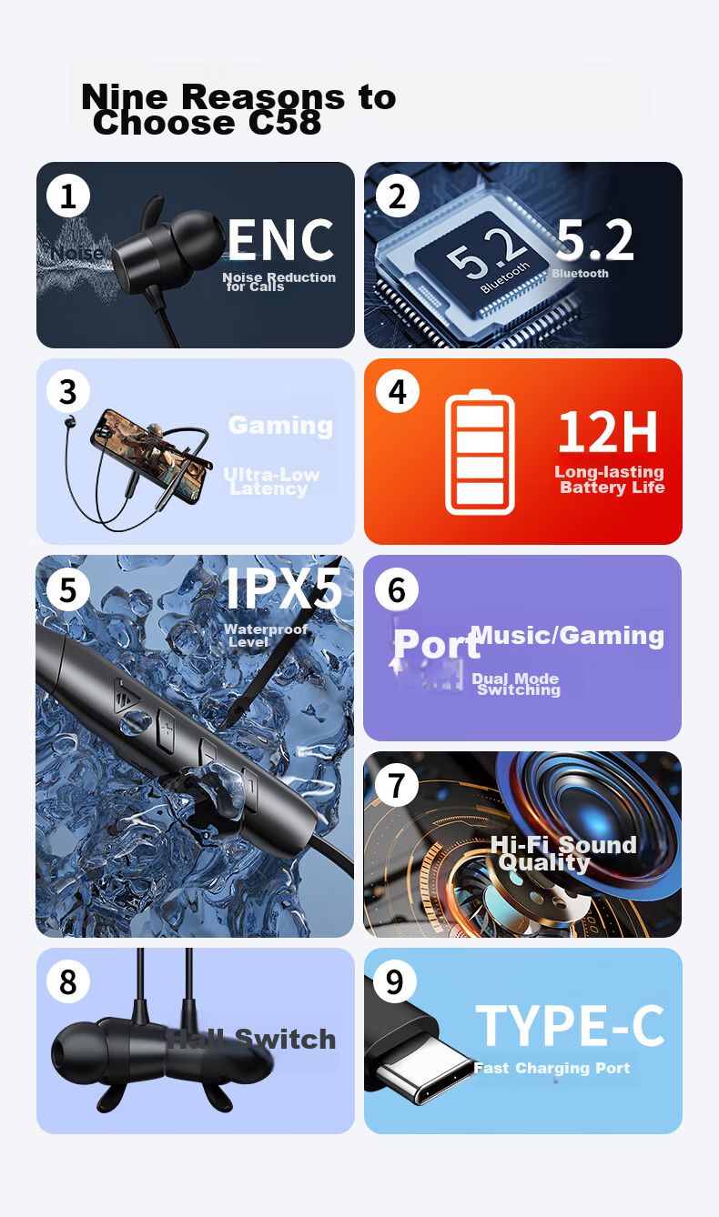 Беспроводные наушники Newmine C58 с шейным ободком, Bluetooth 5.2, шумоподавление ENC, до 12 часов работы, водонепроницаемость IPX5, Type-C