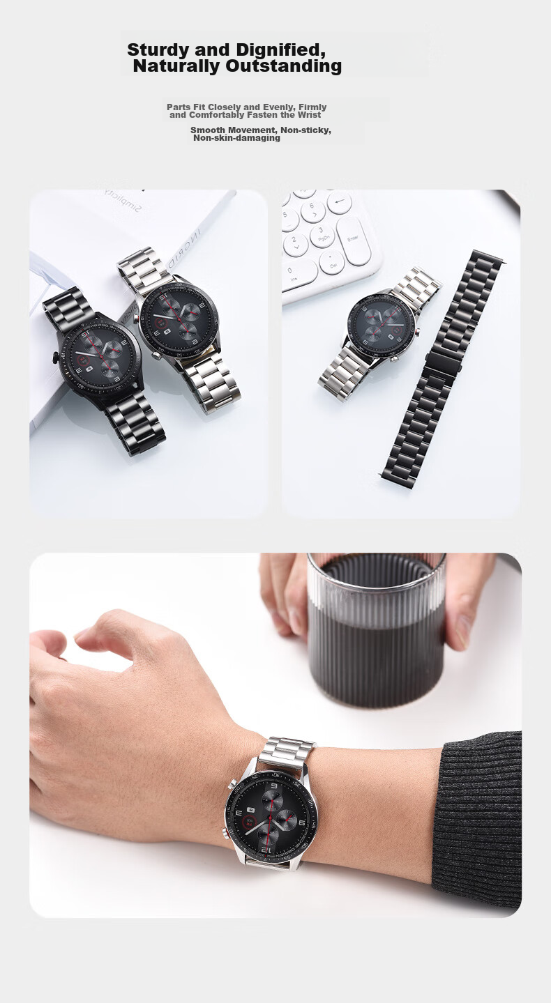 Ремешок из нержавеющей стали MSSM для Huawei Watch GT5/4/3/Watch3/Pro и Honor Magic2, трехзвенный, черный, 20 мм