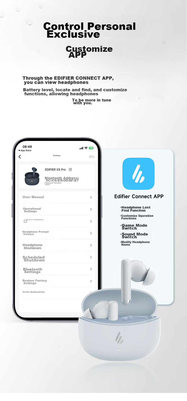 Беспроводные наушники EDIFIER X5 Pro с активным шумоподавлением, внутриканальные, Bluetooth, белые