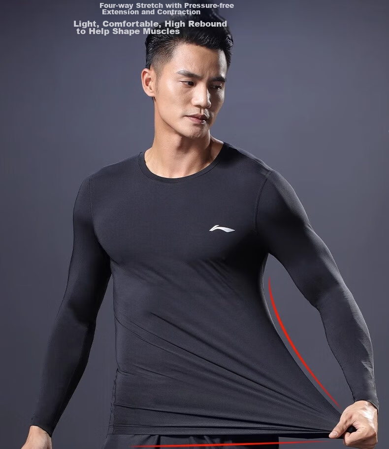 Спортивная компрессионная футболка с длинным рукавом Li-Ning для мужчин, быстросохнущая, для фитнеса, йоги, бега, осени 2023, черная, размер 2XL