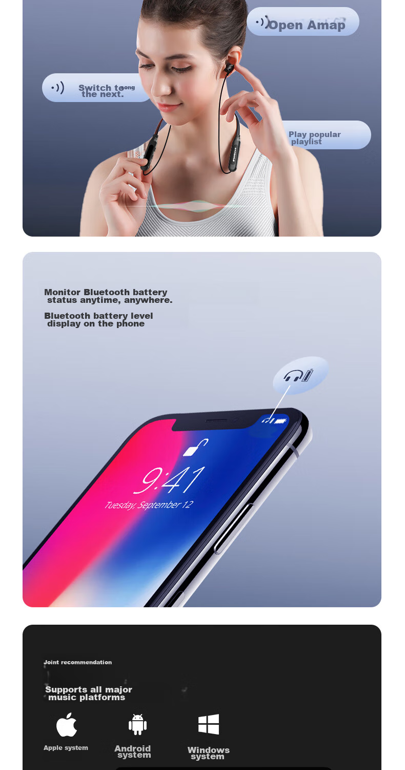 Беспроводные наушники SANSUI I37S Bluetooth с шейным ободком, спортивные, с длительным временем работы от батареи, магнитный дизайн, черный