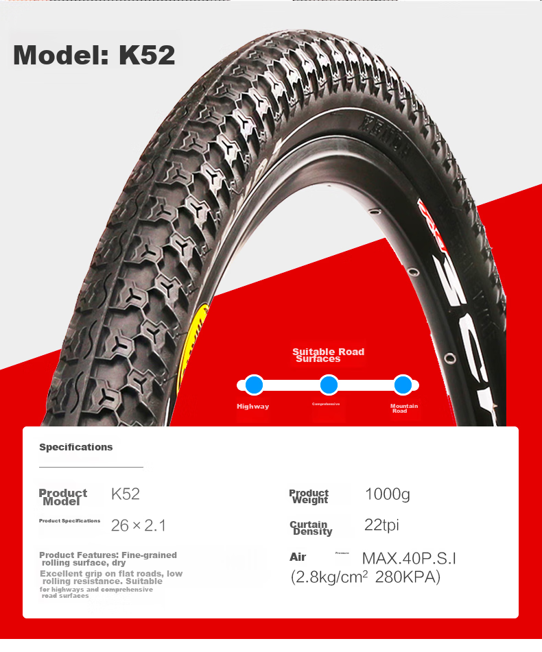 Наружная покрышка для горного велосипеда KENDA K52 26*2.125, износостойкая, нескользящая, с большим протектором, дренажная, резиновая, черная