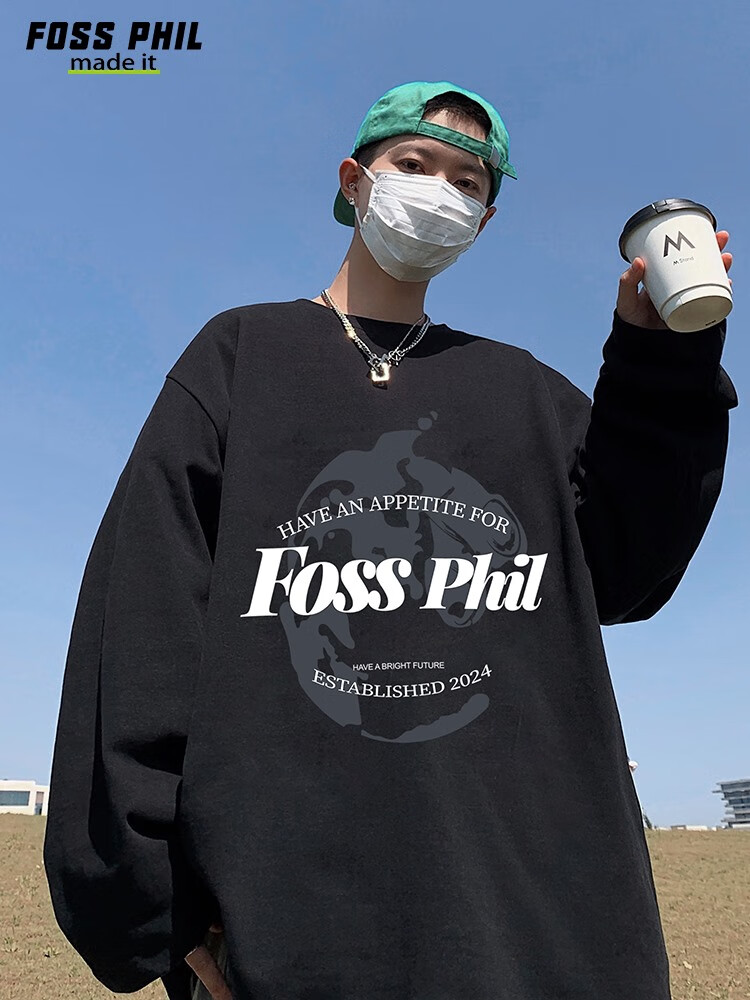 Футболка с длинным рукавом Foss Phil из чистого хлопка для мужчин, трендовая повседневная футболка оверсайз на осень, унисекс, с круглым вырезом, FPCT3, черная, XL