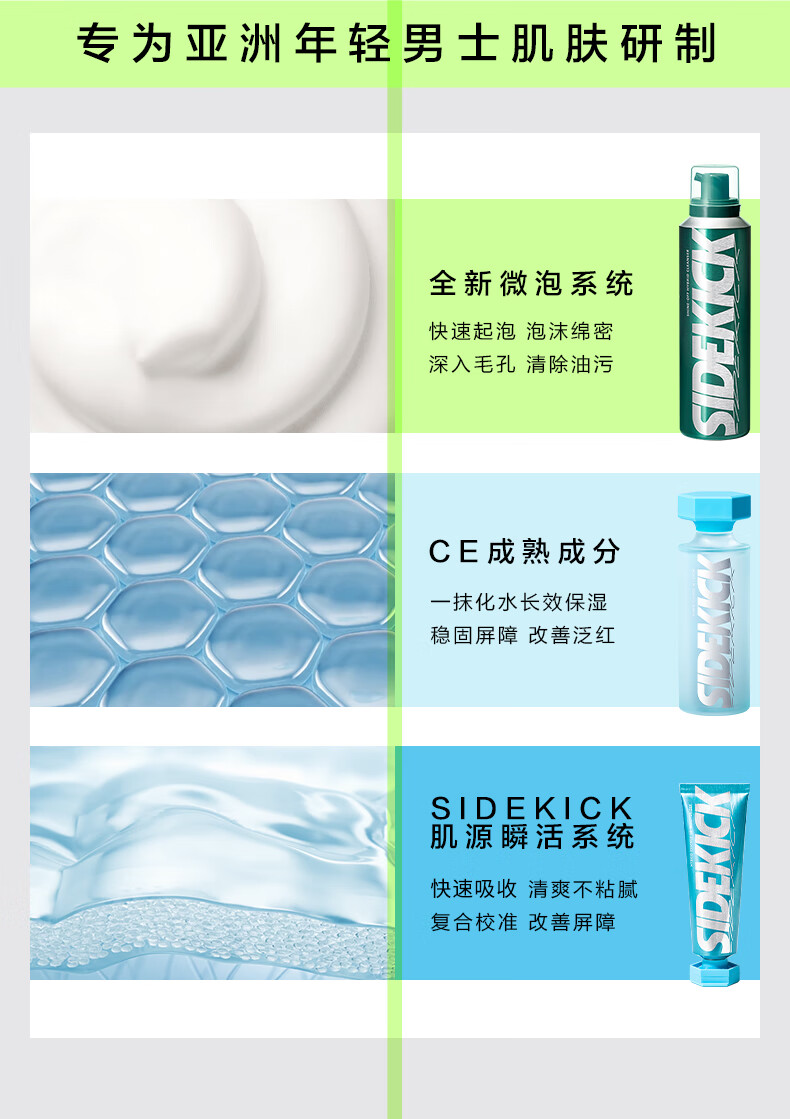 侍刻（SIDEKICK）净油锁水男士护肤套装（控油洁面+精华水+精华乳+面膜)