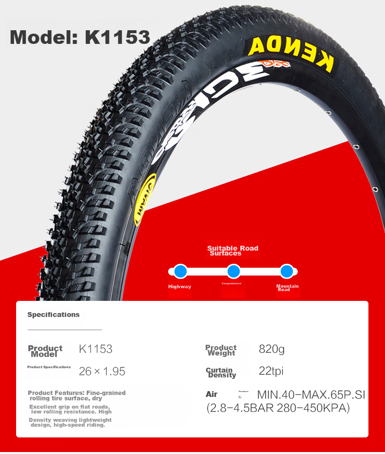 Наружная покрышка для горного велосипеда KENDA K52 26*2.125, износостойкая, нескользящая, с большим протектором, дренажная, резиновая, черная