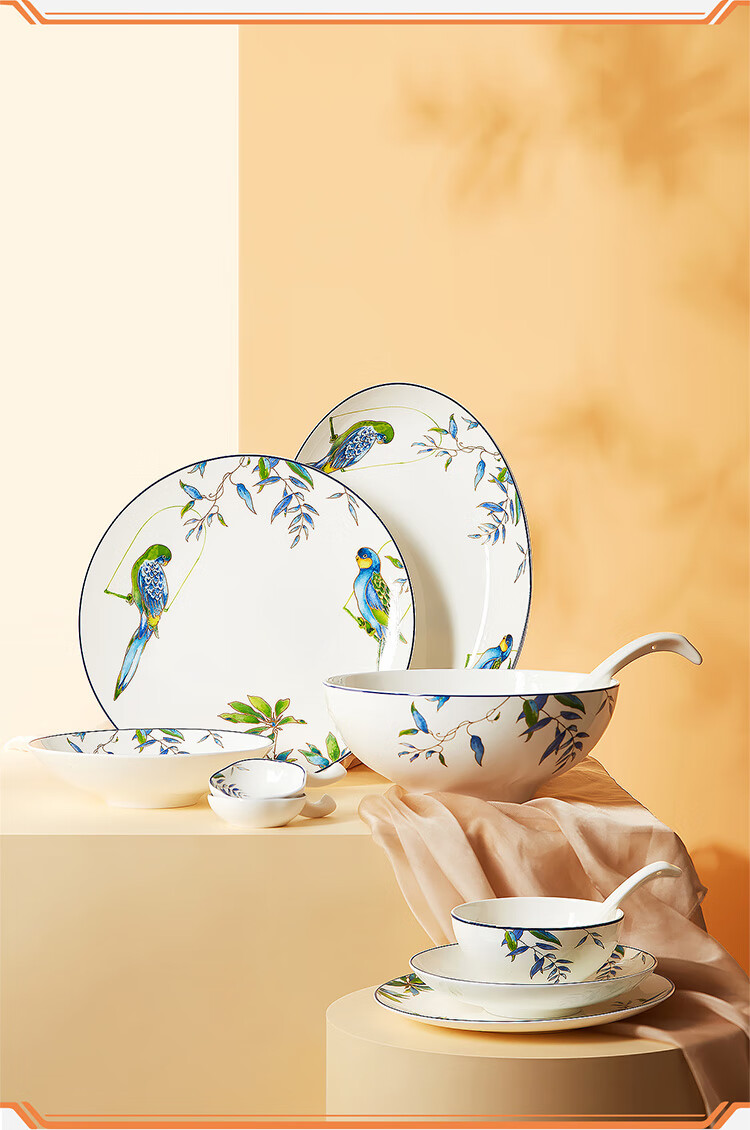 Набор посуды Magelongte Bone China, 32 предмета на 6 персон, узор "Попугай", подарочная упаковка, китайский стиль