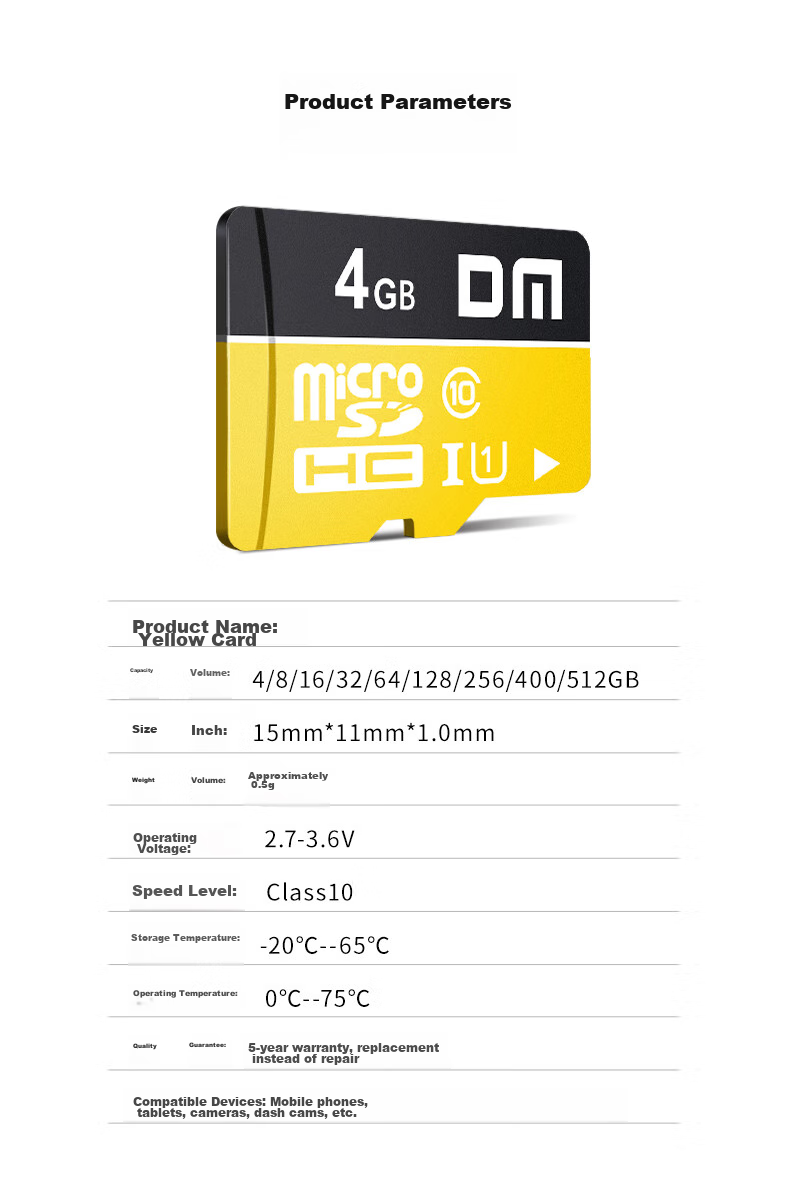 Карта памяти DM Daimai 4GB TF (MicroSD) Class 10, желтая, для телефонов, видеорегистраторов, камер наблюдения