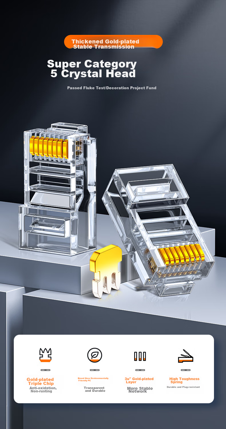 Коннектор RJ45 Cat5e SAMZHE WL-5100, 100 шт. в упаковке, золотое покрытие, для компьютерных сетей