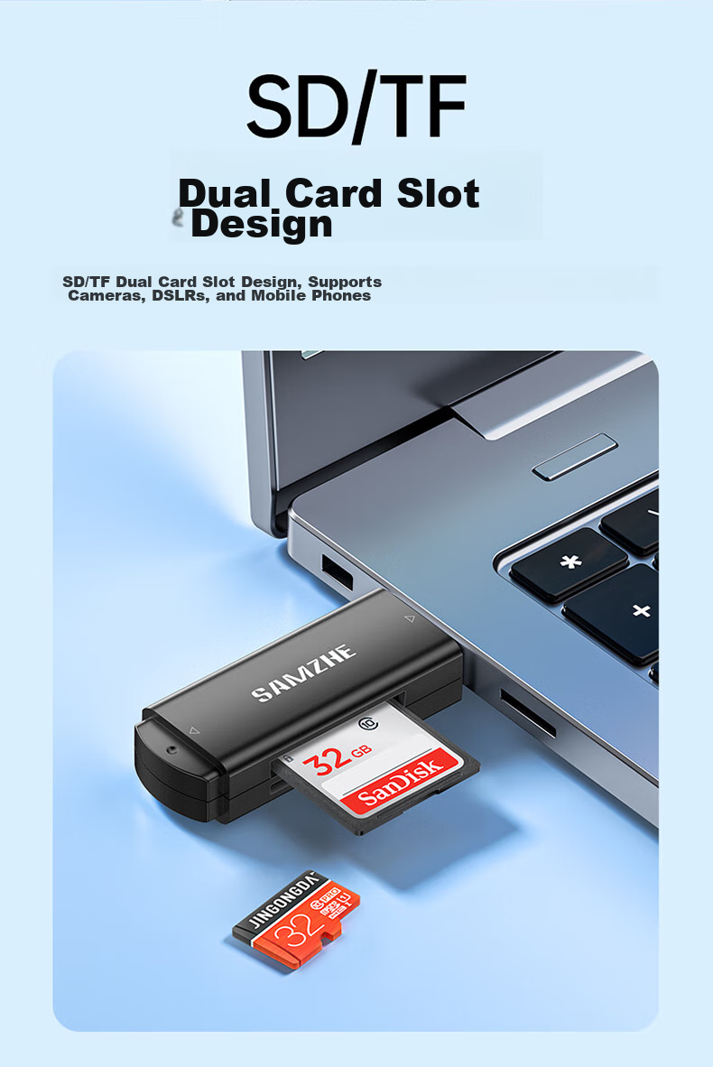 USB 2.0 Картридер SAMZHE CRA21B, черный, для SD/TF карт, 480 Мбит/с