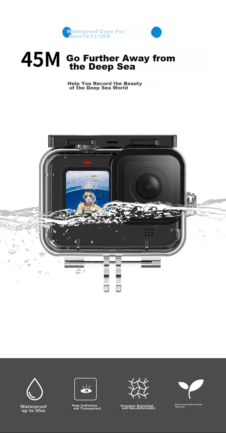 Водонепроницаемый кейс TELESIN для GoPro HERO 13/12/11/10/9, глубина погружения до 45 м, с набором из трех цветных фильтров