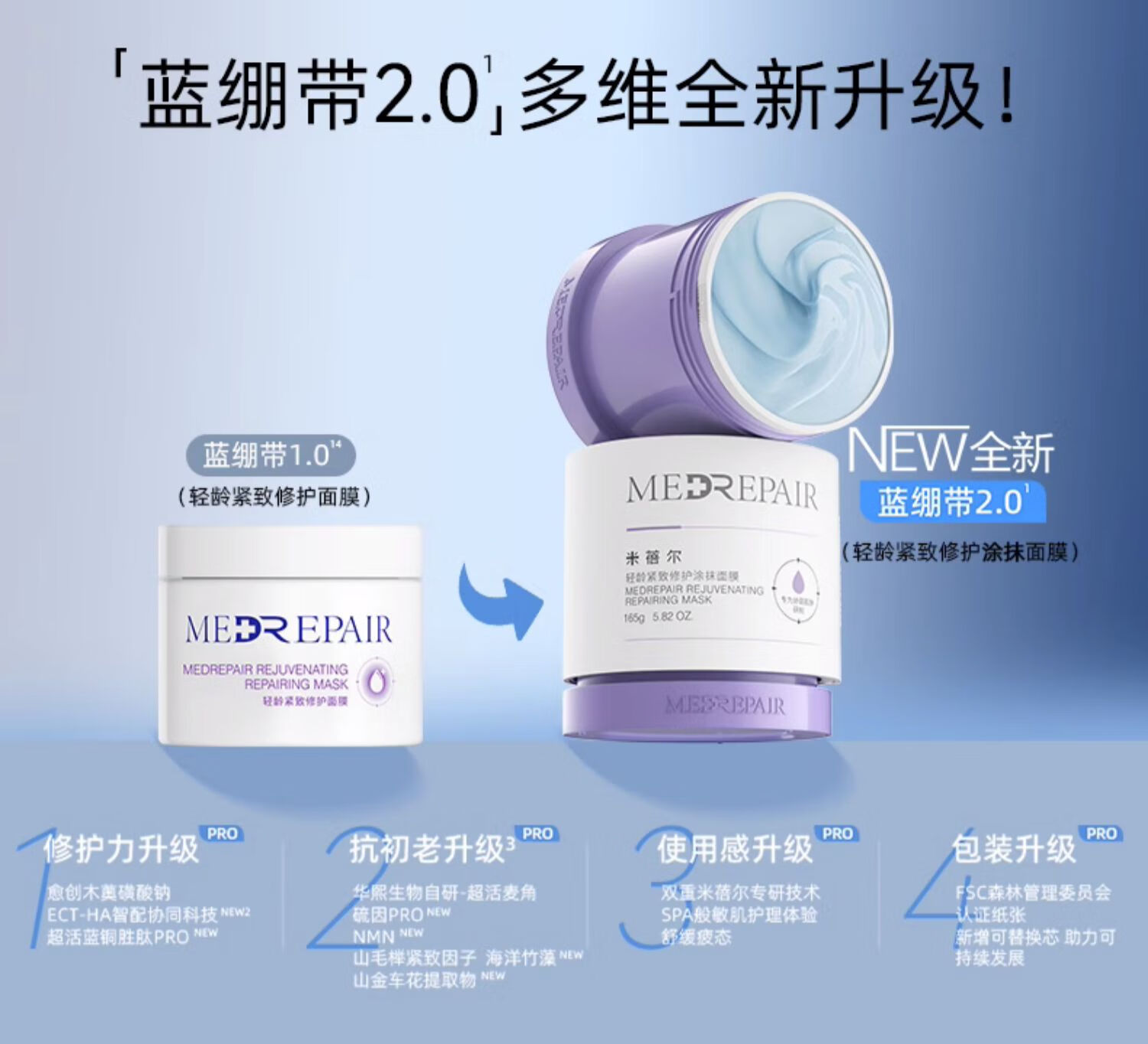 米蓓尔（MedRepair）轻龄紧致修护涂抹式蓝绷带面膜2.0补水保湿舒缓泥膜165g