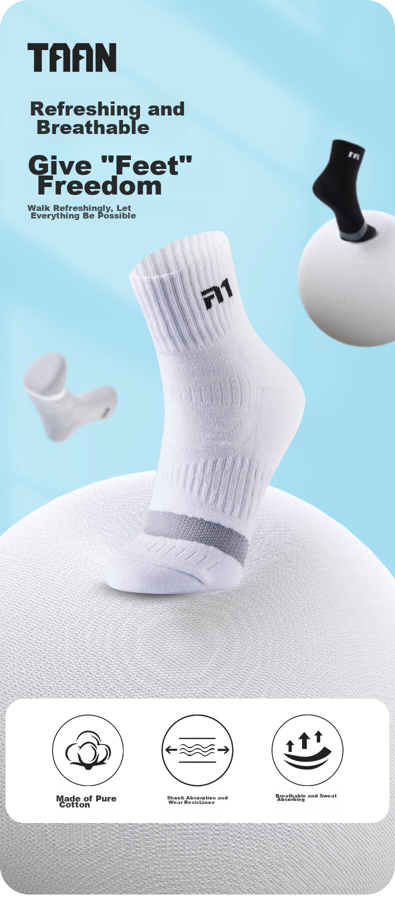 Спортивные носки Taan Mid-Calf для мужчин, плотные махровые, для бега, впитывающие пот, дышащие, нескользящие, черные, 3 пары