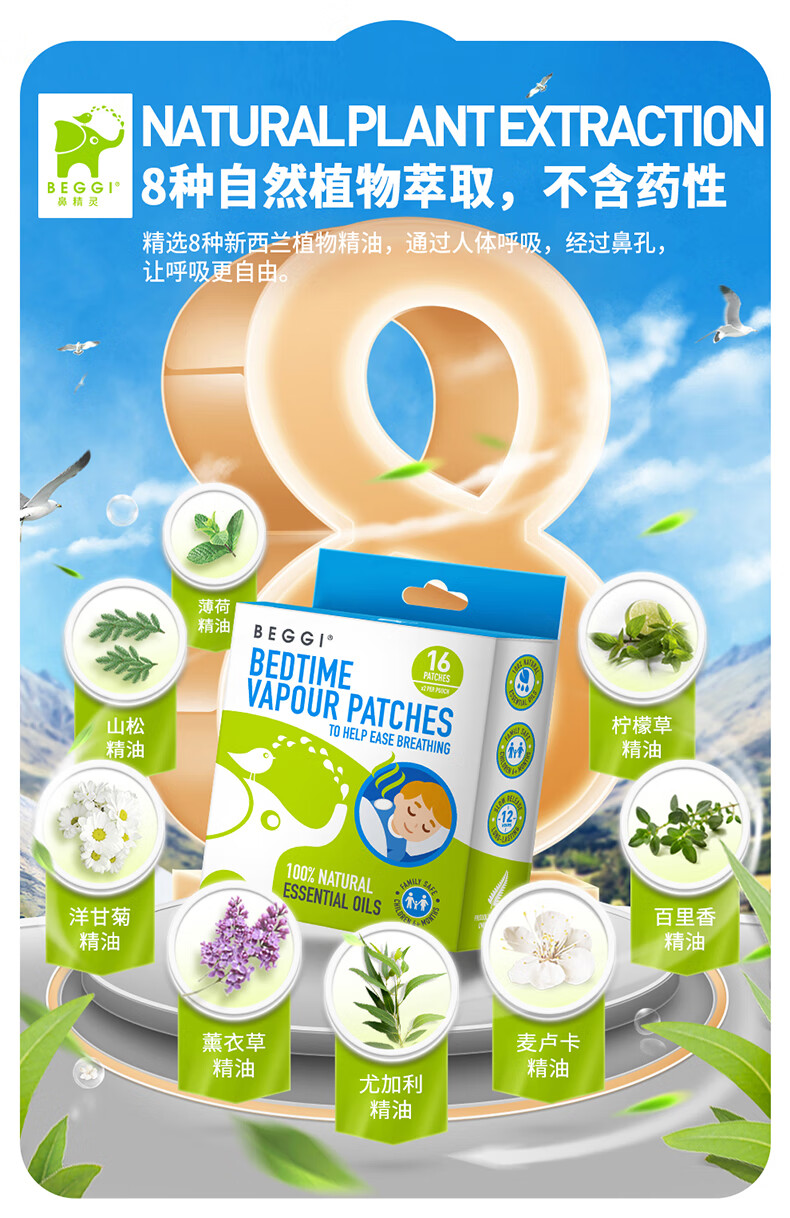 Nose Elf BEGGI New Zealand nasal patch baby essential oil ventilation nasal patch children's nasal comfort patch nasal congestion breathing relief patch 16 patches