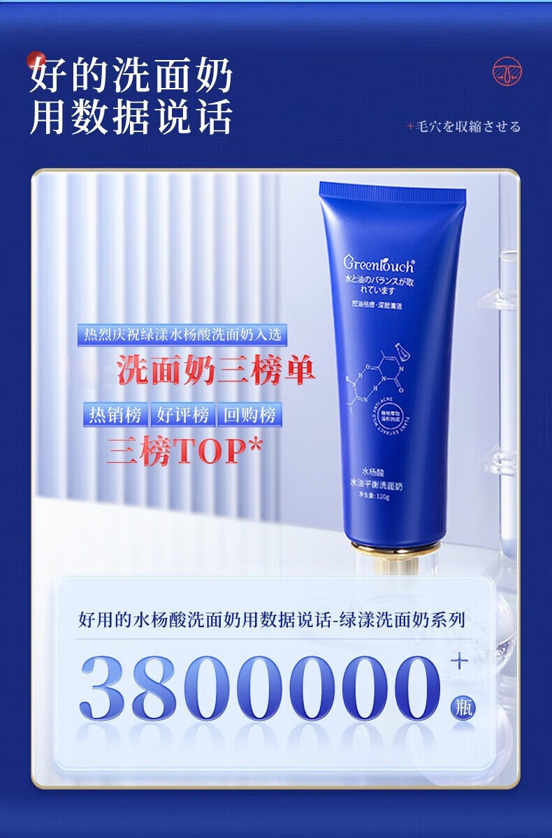 绿漾（Greentouch）水杨酸洗面奶收缩毛孔除螨抗痘深层清洁氨基酸去黑头控油男女学生 拍1發5【240g】