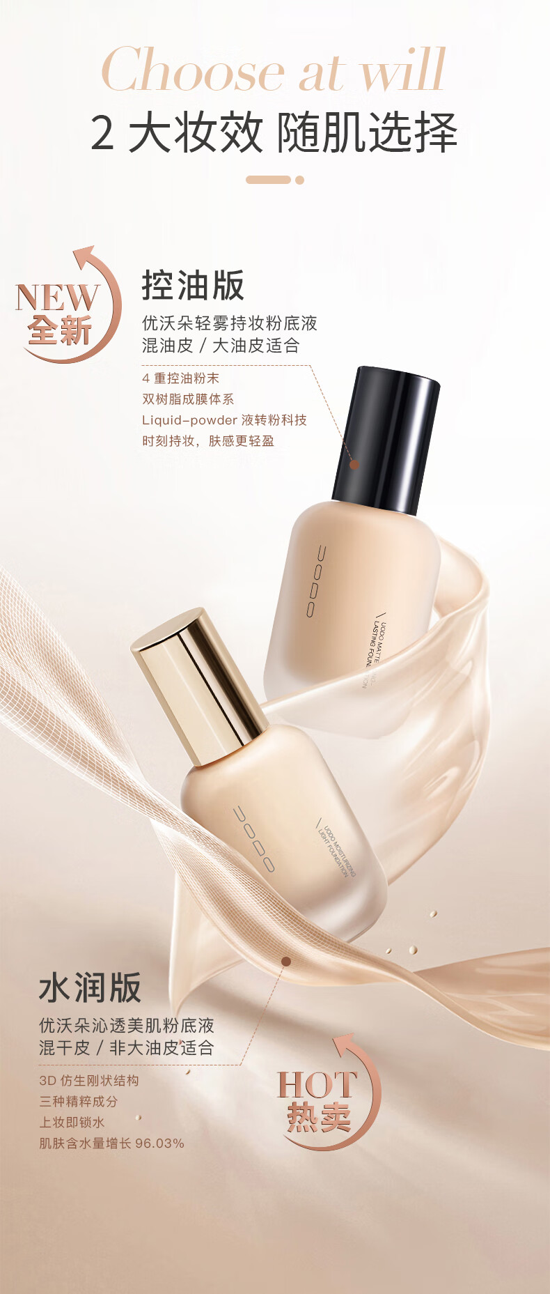 UODO优沃朵粉底液持久不脱妆水润遮瑕保湿干皮控油雾面哑光持妆男女 水润款#W02亮肤色