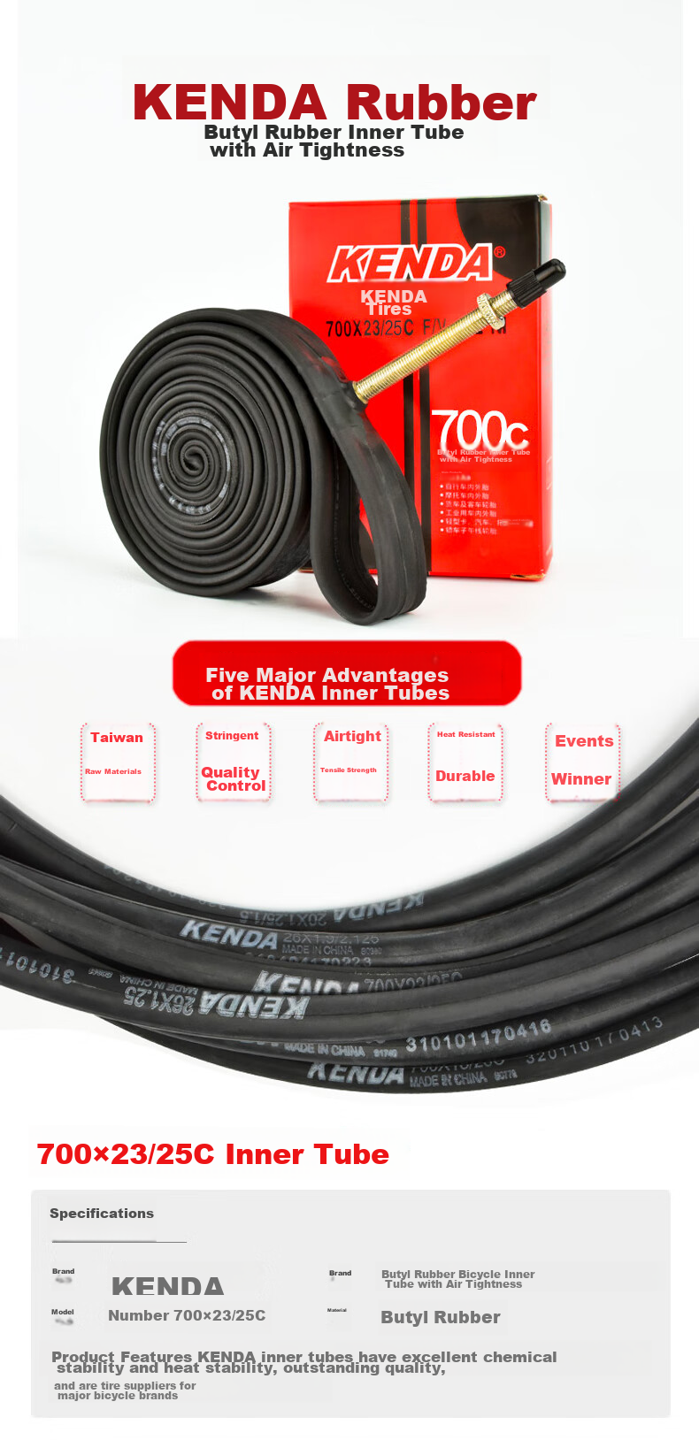 Велосипедная камера KENDA 700x23c, для шоссейных и гоночных велосипедов, бутиловая камера с ниппелем Presta, удлиненный вентиль, 26-дюймовая камера, черная