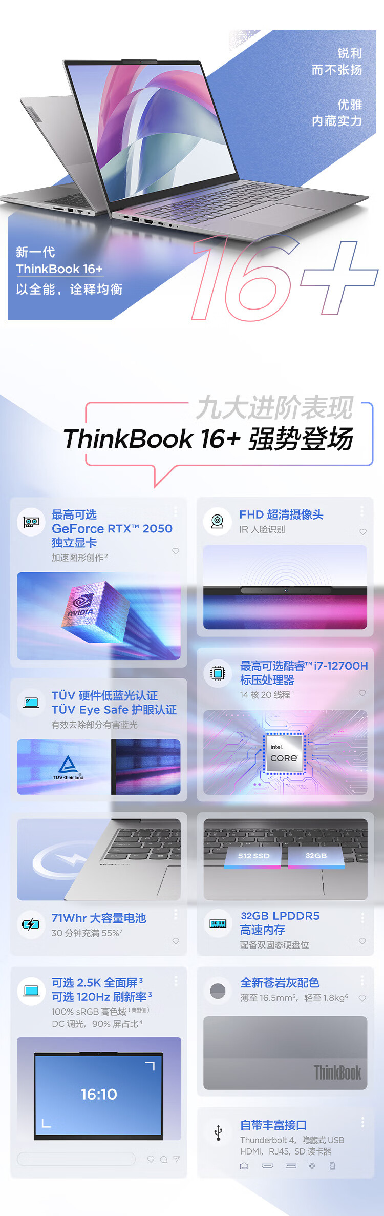 联想ThinkBook 16+ 英特尔酷睿 16英寸高性能轻薄笔记本 商务办公手提电脑 i5-12500H 锐炬Xe核显 16GB内存 512G急速固态 官方标配