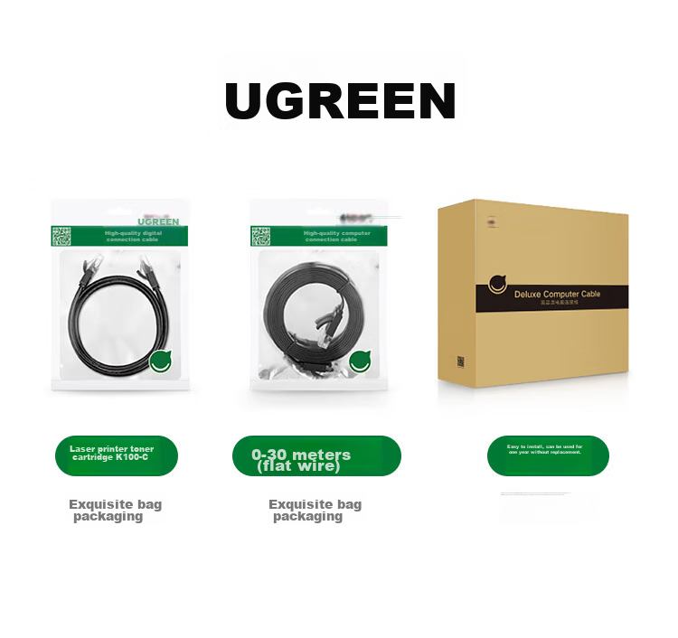 Кабель UGREEN Cat6 Ethernet, гигабитный сетевой широкополосный кабель, плоский сетевой кабель CAT6 для домашнего компьютера, мониторинга, 8-жильный витой кабель, 20 метров, черный 50181