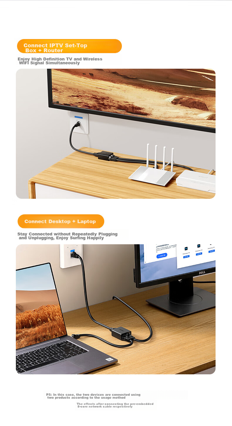 UGREEN Разветвитель сетевого кабеля RJ45, один вход на два выхода, удлинитель Ethernet, адаптер для одновременного доступа в интернет, 2 шт. (50923)